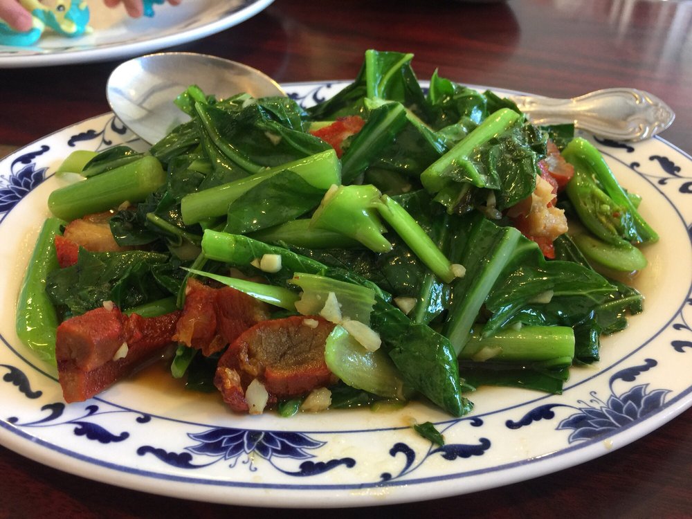 Chinese broccoli stir-fried with crispy pork belly